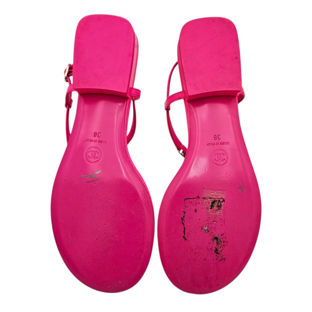 Chanel CC Heart Thong Flat Sandal Neon Hot Pink Leather Gold Size 38 US 7 7.5 - Picture 9 of 12